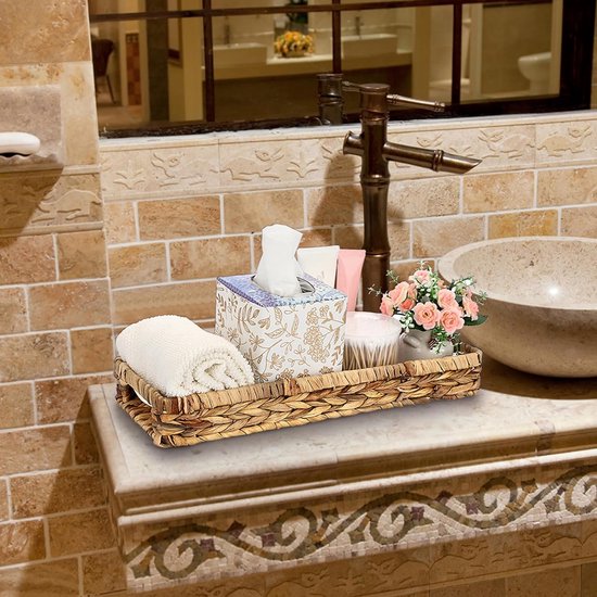 Geweven tablet van waterhyacint, zeegras met handgrepen, bruin waterdichte rechthoekige opbergmand in badkamer, slaapkamer, toiletafdekking als decoratie, cadeau, 43 x 16 x 5 cm