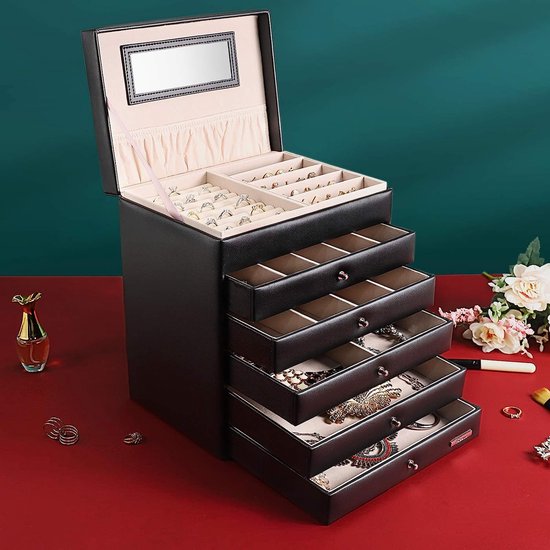 Seelux make-up-doos, sieradendoos, verkrijgbaar in verschillende maten, zwart-wit, zwart, 5 schuiflades