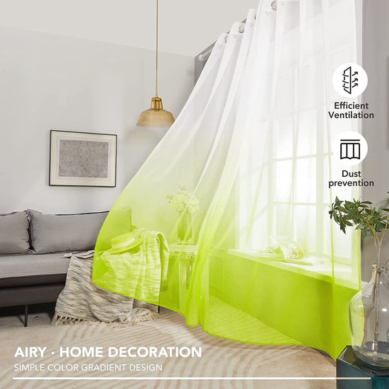 Voile Helder Groen Gordijnen met Ringen 140 x 270 cm(Breedte x Hoogte), Kleurverloop Semi-Clear Transparante Gordijnen voor Woonkamer Slaapkamer Kinderkamer, Set van 2