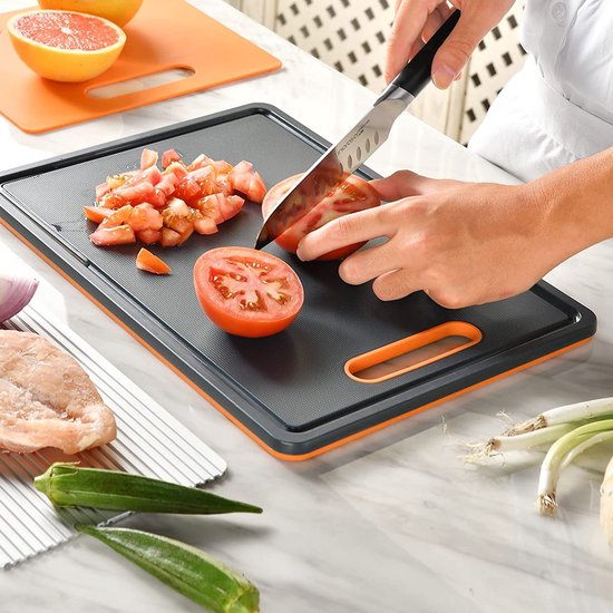 Linoroso Snijplank kunststof keukenplank ontbijtplankje set van 3 snijplanken met sapgleuf, ontdooiplank fruitplank antislip snijbestendig antibacterieel vaatwasmachinebestendig - lavaoranje