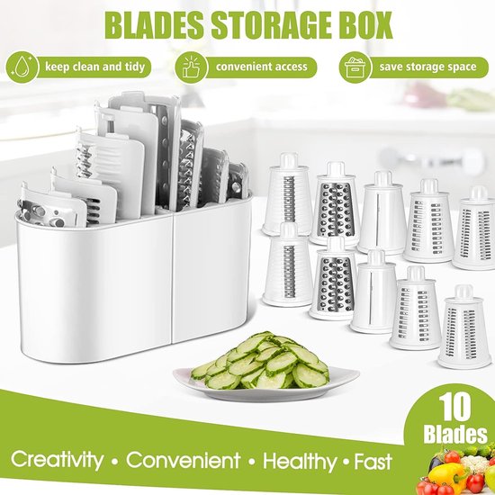 Trommelrasp, 5-in-1 kaasrasp met zwengel en 10 roestvrijstalen verwisselbare messen, handmatige groentesnijder, keukenrasp voor salade, noten, fruit, pizza (snijbestendige handschoenen)