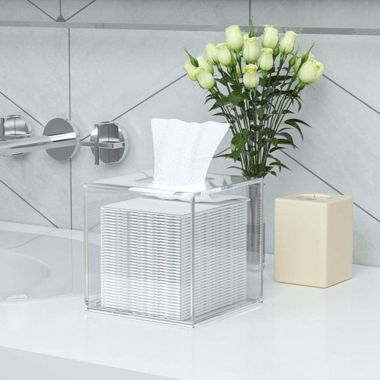 Vierkante cosmetische tissuebox, 14 x 14 x 14 cm acryl tissuedispenser, tissuebox met magnetische afdekking voor eetkamer, badkamer, slaapkamer, auto, kantoor - acryl transparant