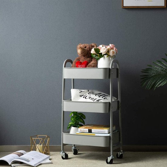 Opbergwagen 3-laags metalen gereedschapswagen Rollende kar Organizer Trolley met wielen voor keuken Make-up Badkamer Kantoor, grijs