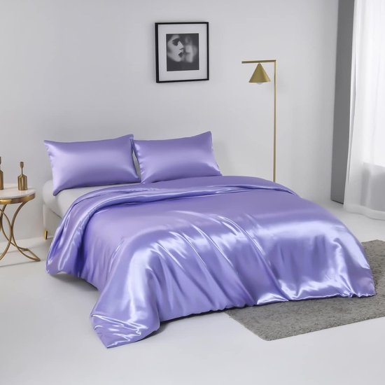 Lavendel zijden satijnen beddengoedset, dekbedovertrek 155 x 220 cm met kussensloop 80 x 80 cm, antraciet, 2-delige beddengoedset met ritssluiting