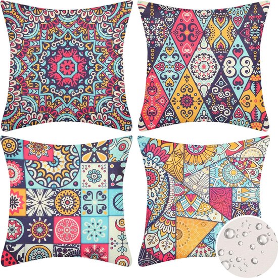 Mandala Decoratieve kussenhoezen, waterafstotende kussenslopen, 40 x 40 cm, voor buiten, hippie, decoratieve vierkante voor slaapbank, stoel, tent, balkon, bank, slaapkamer en woonkamer, 4 stuks