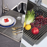 Oprolbaar afdruiprek, afdruiprek, gootsteenrek voor de keuken, opvouwbaar spoelbakrek, roestvrij staal servies, droogstandaard voor de keukenspoelbak