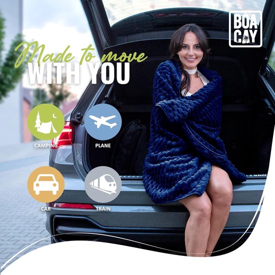 Zachte en warme reisdeken voor vliegtuig en auto, 3D-patroon, onmisbaar voor lange vluchten, voor dames, heren, kinderen, compact kussen met bagagehoes en rugzakclip, marineblauw, Modern