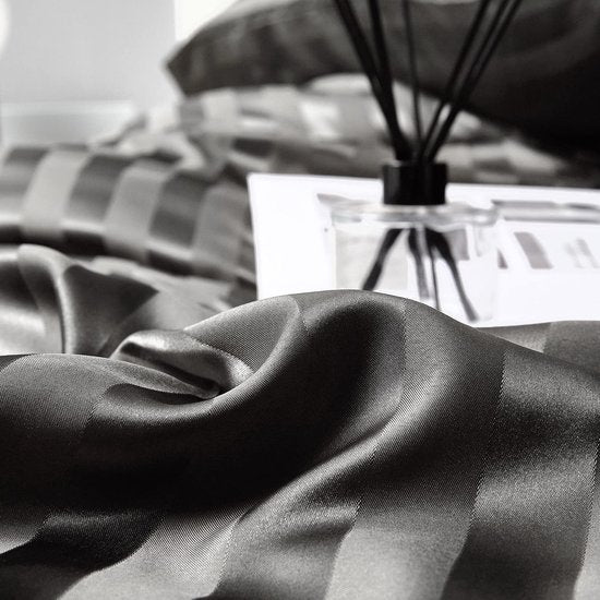 Satijn beddengoed 200 x 200 cm grijs - zijdeglans gestreept beddengoed set 3-delig hoogwaardig luxe dekbedovertrek met verborgen ritssluiting en 2 kussenslopen 80 x 80 cm, grijs