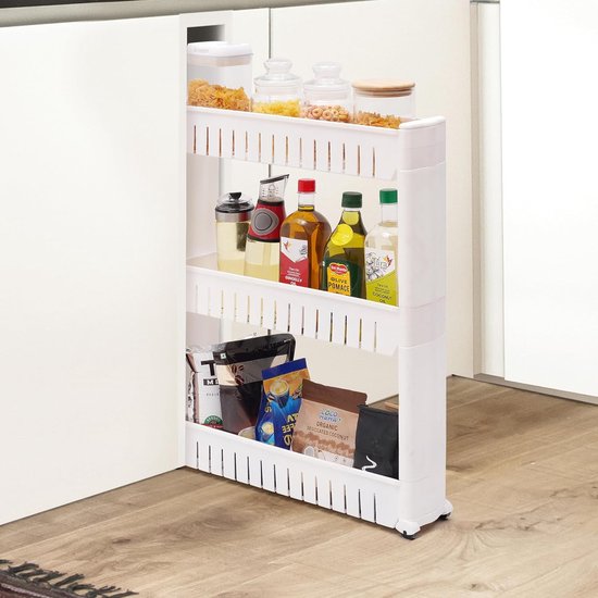 Keukenwagen, smal, keukenwagen, rolwagen met 3 niveaus voor badkamer en keuken, rolwagen, smal en ruimtebesparend voor het organiseren van accessoires, rolwagen keuken, 54,5 x 12,5 x 72