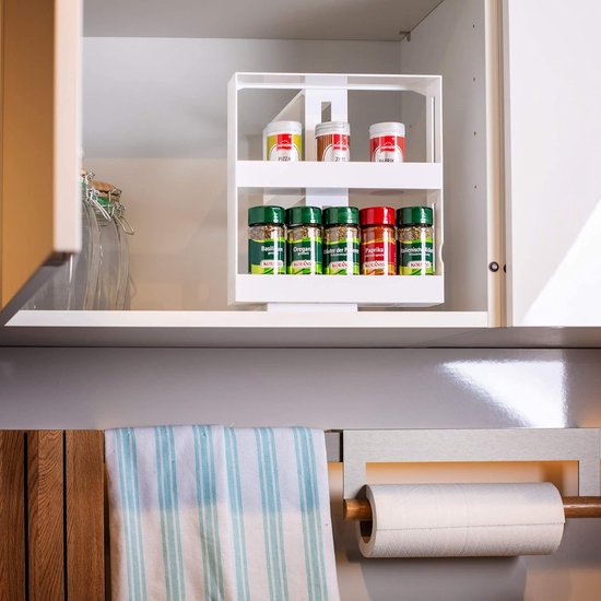 Kruidenrek, uittrekbaar, wit, draaibaar opbergsysteem voor specerijen en medicijnen, ruimtebesparend nisrek van kunststof, ideaal als kastinzet in keuken en badkamer, 27,5 x 10,5 x 28 cm