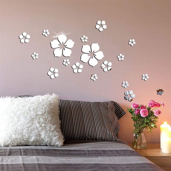 Muurtattoo, 3D-bloemen, muurstickers, spiegelstickers, wanddecoratie, voor woonkamer, kinderkamer, badkamer, koelkast, 18 stuks (A)