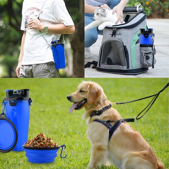 Draagbare waterfles en voerfles, 800 ml, 2-in-1 drinkfles met 2 vouwkommen voor honden, hondenbak, opvouwbare waterbak voor kamperen, wandelen, wandelen en training (blauw)