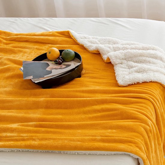 Knuffeldeken, wollige deken, fleecedeken, woondeken, warme Sherpa bankovertrek, deken, wollig, microvezel, sprei voor bed, bank, slaapkamer, kantoor, 150 x 200 cm, geel