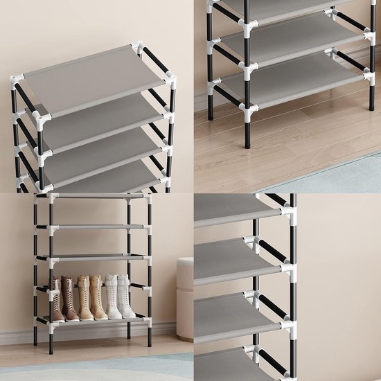 Zwart 8-laags schoenenopbergrek organisator plankhouder standaard voor 24 paar schoenen, extra stevig ontwerp met 16 mm verdikte buizen