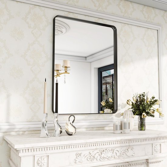 wandspiegel, 75 x 50 cm luxe high-end ronde hoek badkamerspiegel, wandspiegel, horizontaal of verticaal opgehangen, zwart wandspiegel, 75 x 50 cm luxe high-end ronde hoek badkamerspiegel, wandspiegel, horizontaal of verticaal opgehangen, zwart