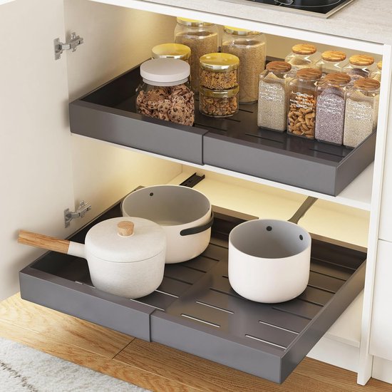 Telescopische lade, uittrekbare keukenlade, uittrekbare lades, de breedte kan worden verlengd van 31,5 cm tot 48 cm, 1 stuk, grijs