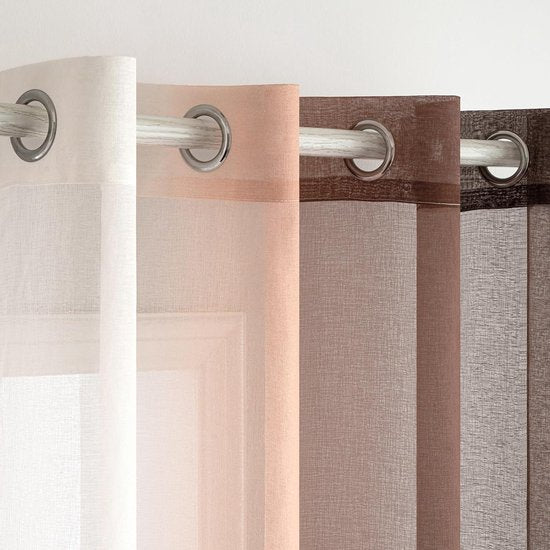 Set van 2 voile gordijnen, tweekleurig gordijn met oogjes, transparant gordijn, oogjesgordijn, decoratief gordijn, doorschijnende raamsjaal voor slaapkamer en woonkamer, 140 x 225 cm, licht koffie