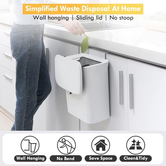 Vuilnisbak met deksel, 9 liter, keuken, kleine hangende afvalbak, wandmontage, plastic, compostemmer, geurdicht, afvalbak, deur om op te hangen, voor camper, keukenkast (wit)