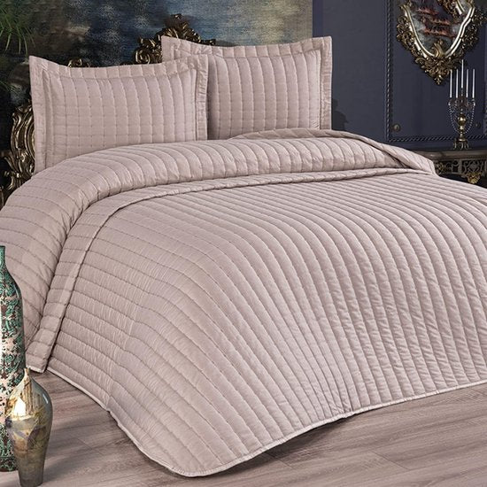 Katoenen spreienset, tweepersoonsbed 250 x 260 cm, kussensloop 55 x 75 cm x 2, slaapbankdeken gewatteerd, deken het hele jaar door (cappucino)