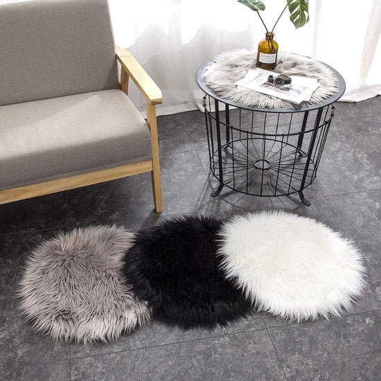 Schapenvacht Tapijt, Imitatiebont Lamsvacht - Schapenvel Imitatievacht | Kunstbont Tapijt Slaapkamer Woonkamer - Wasbaar Bont Tapijt, Decoratiebont - Grijs - 45 cm - Rond