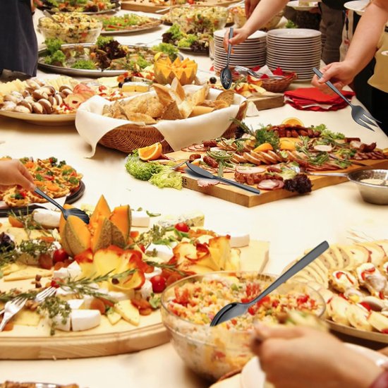 5 stuks zwart bestek, roestvrijstalen bestek met zwarte titanium coating, serveerlepel, schuimlepel, serveervork, suikerlepel, boterstrooier, vaatwasmachinebestendig