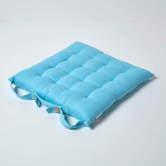 Set van 4 stoelkussens 40 x 40 cm, blauw / lichtblauw, zitkussen met banden en knoopsluiting, effen kussens voor stoelen met overtrek van 100% katoen en zachte polyester vulling