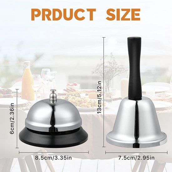 Set van 4 tafelbel, receptiebel, chromen tafelbel, handbel, tafelbel, oproepbel voor hotels, recepties, bars, keukens, scholen, restaurants, scholen en magazijnen, zilver