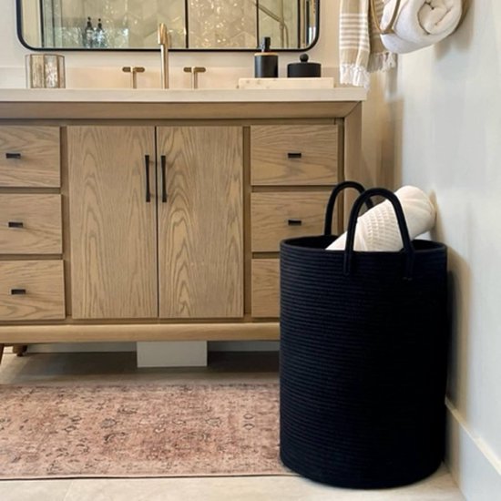 Wasmand, gevlochten, grote wasmand, opbergmand met handvat, kinderkamer, touw, katoenen mand, handdoekmand voor badkamer, woonkamer, mand voor dekens babyspeelgoed, 38 x 50 cm, zwart