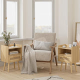 Rotan nachtkastje, bijzettafel met lade, nachtkastje met houten poten voor slaapkamer, woonkamer, natuurlijk eikenhout