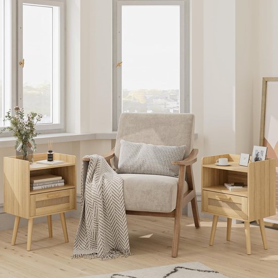 Rotan nachtkastje, bijzettafel met lade, nachtkastje met houten poten voor slaapkamer, woonkamer, natuurlijk eikenhout