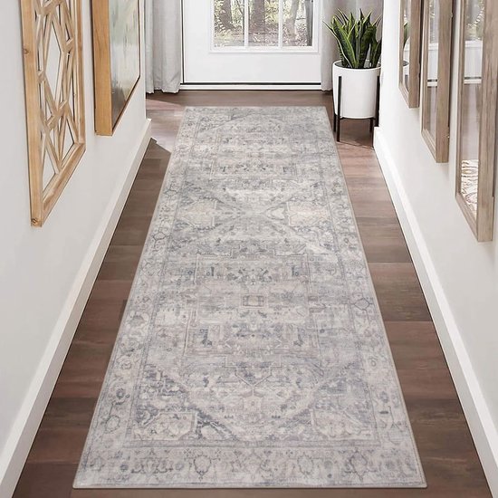 Vintage runnertapijten met rubberen rug, 65 x 180 cm, distressed gangtapijten, niet-morsend, Perzische vloer, tapijt, loper voor keuken, hal, badkamer, slaapkamer