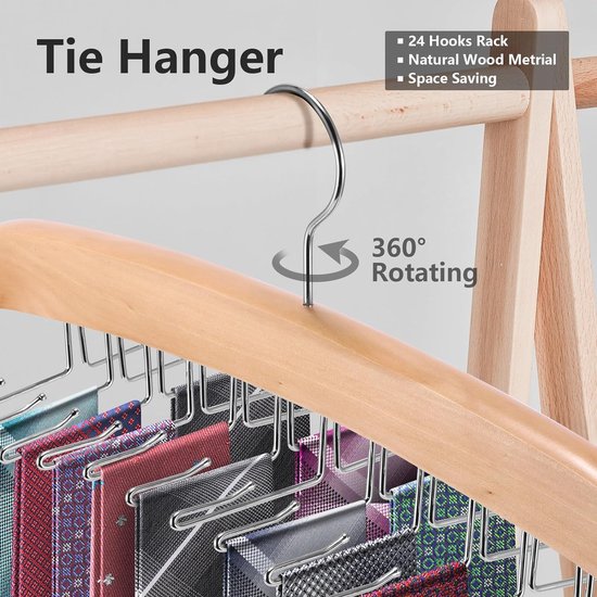 Dasshouder, stropdassenstandaard, dassenorganizer voor kast met 24 haken, stropdassenriemstandaard van natuurlijk hout, kastorganizer voor stropdas, sjaal, pochet, riem, hijab-accessoires