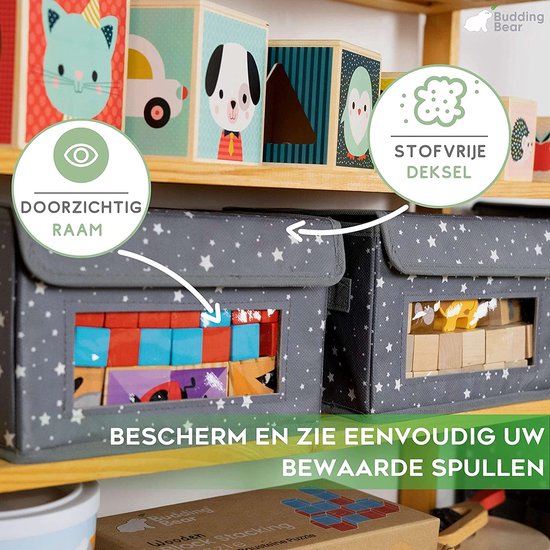 Opbergdoos stof met deksel (4 stuks) - opvouwbare opbergdoos kinderspeelgoed kist met deksel, handgrepen en ramen - opbergsysteem kledingkast, kinderkamer en kantoor - 2 maten