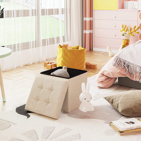 Kruk met opbergruimte, poef, kruk, opbergdoos, zitblok, inklapbaar, zitbank, gestoffeerd, zitkist, bank, ottoman fabric bekleding, stoel voor hal, kantoor, make-uptafel, eohnkamer, slaapkamer, beige