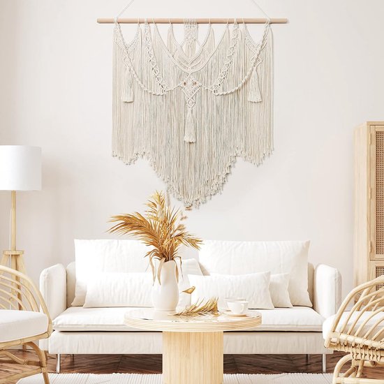 Macramé wandtapijt, boho-decoratie, groot handgeweven tapijt, slaapkamer, wanddecoratie, woonkamer, balkondecoratie, 90 x 90 cm (beige)