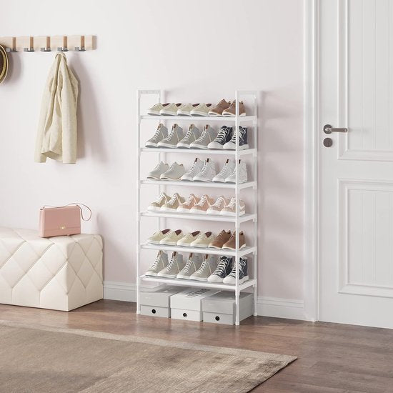 6-laags witte verstelbare schoenenrekken, schoenenopslag, hoge schoenenrek, organisator, plankhouder, standaard voor 18 paar schoenen, 56 x 30 x 110 cm, extra robuuste constructie