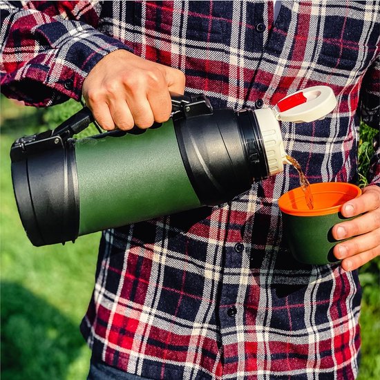 Thermosfles, 1,5 l, met beker voor onderweg, lekvrij, robuuste handgreep en draagriem, voor koffie en thee