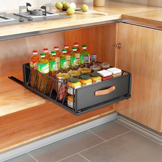 Telescopische lade, uitschuifbare lade voor kast, metalen uitschuifbare organizer met handvat, keukenopbergplank met nano-kleefbanden, mandlade voor kast, 40 x 15,5 x 30 cm, zwart