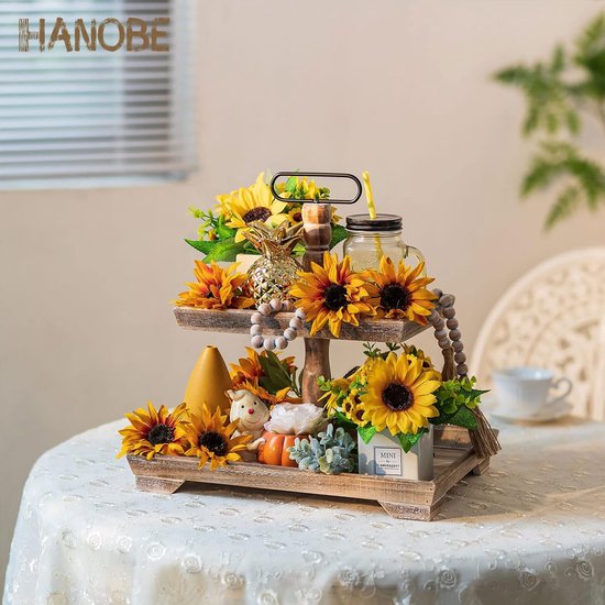 Decoratief dienblad dienblad groot: bruin houten dienblad rechthoekig hout met 2 niveaus boerderij decoratief dienblad vintage shabby dienbladen voor thuis koffiehoek doucheruimte