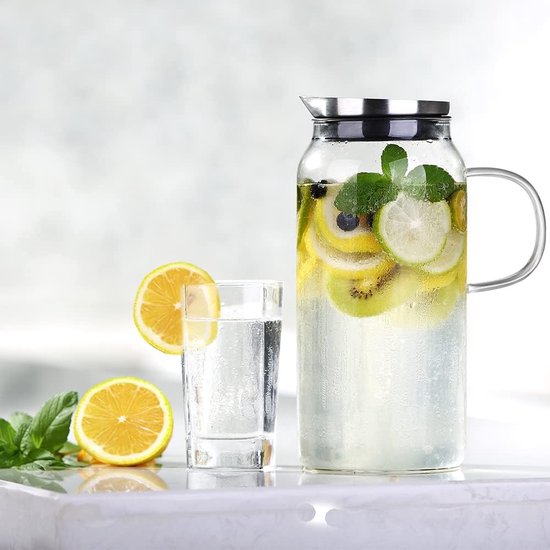 Glazen karaf 1500 ml (volledige capaciteit) glazen kan van borosilicaatglas waterkan met roestvrijstalen deksel karaf glazen kan