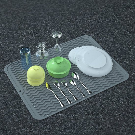 Siliconen afdruipmat voor servies, 50 x 40 cm, afdruipmat voor servies, BPA-vrij, serviesdroogmat, hittebestendig, antislip, afdruipmat, afdruipmat, met spons reinigingsborstel (grijs)