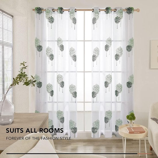 Gordijnen kinderkamer meisjes stores gordijn met ogen transparante gordijnen woonkamer gordijn borduurwerk blad, 175 x 140 cm (hoogte x breedte), lichtgroen + groen, set van 2