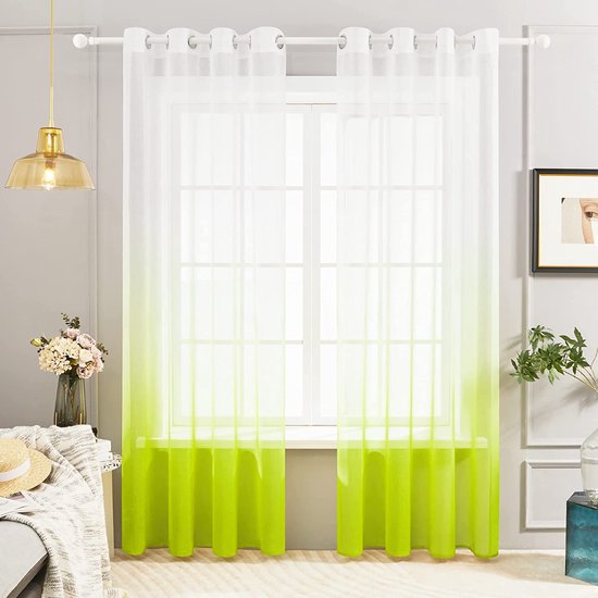 Voile Helder Groen Gordijnen met Ringen 140 x 270 cm(Breedte x Hoogte), Kleurverloop Semi-Clear Transparante Gordijnen voor Woonkamer Slaapkamer Kinderkamer, Set van 2