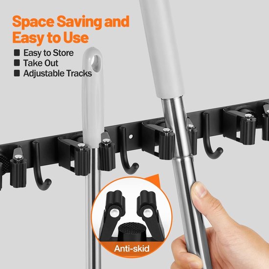 Bezemhouder Muur, Bezemhouder Apparaathouder Wandmontage Roestvrijstalen bezem Mophouder Zelfklevende gereedschapshouder Organizer met 5 houders en 4 haken voor huis, keuken, garage, tuin