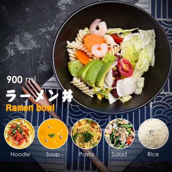 Keramische soepkommenset 2 x 1000 ml aardewerk Ramen Bowl noedelkommen met lepel en eetstokjes voor Udon Pasta Pho Soba granensalade Japanse stijl traditioneel handgemaakt