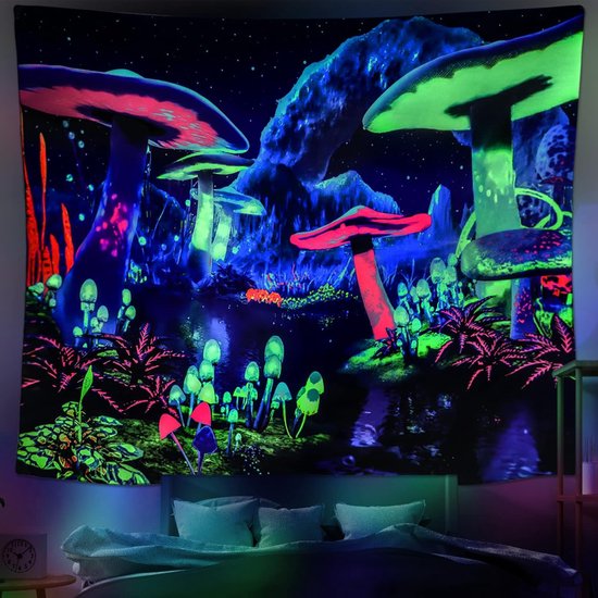 Black Light Mushroom Tapestry Galaxy Space Tapestry UV Reactive Poster Plant Landscape Tapestry Starry Sky Wall Hanging for Bedroom Home Decoration