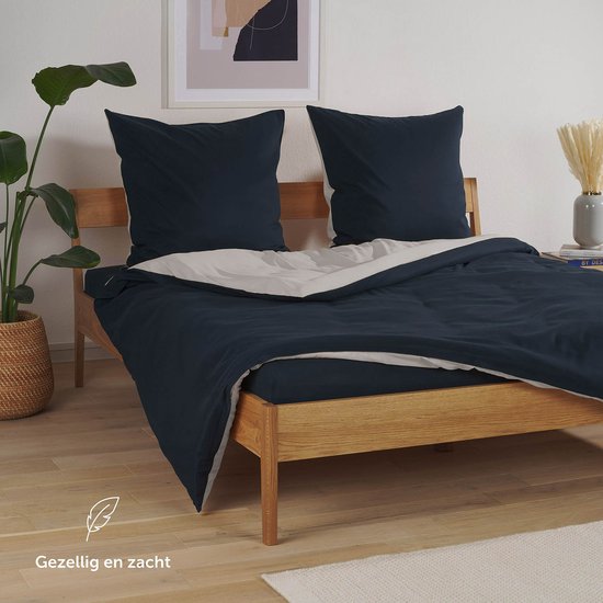 Blumtal Dekbedovertrek Set Tweekleurig - Luxe Beddengoed - 200 x 200 cm - 2 x Kussensloop 80 x 80 cm - Donkerblauw en Lichtgrijs