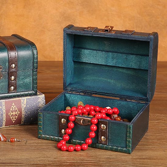 vintage schatkist, 16 x 12 x 9,5 cm piratenkist, schatkist hout klein, schatkist van hout met slot, voor opslag en decoratie, piratenschatfeest, groen