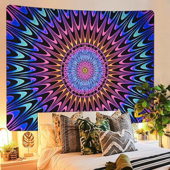 Blacklight kleurrijk kleurrijk mandala wandtapijt, uv-reactieve kunst wanddoek, psychedelisch hippie wandtapijt, esthetisch wandtapijt, huisdecoratie boho wandtapijt voor slaapkamer party,