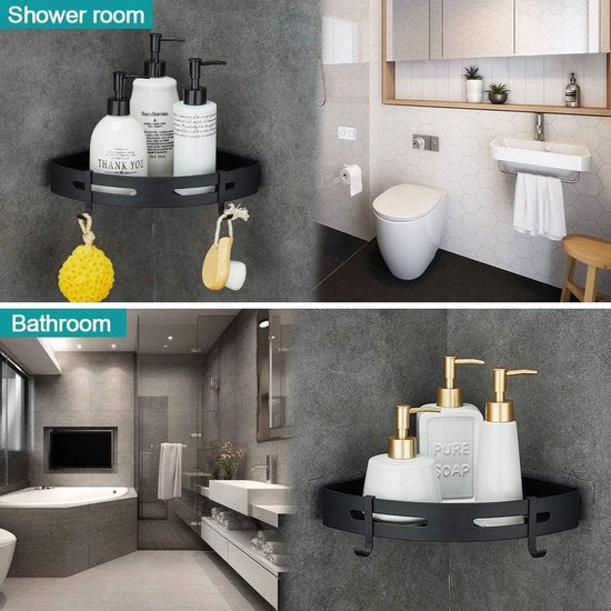 Hoekplank, douchemand, doucheplank, zonder boren, doucheplank, ruimte-aluminium, met 4 haken, doucheplank, badkamerrek met sticker, badkamerrek voor badkamer en keuken, 2 etages, zwart